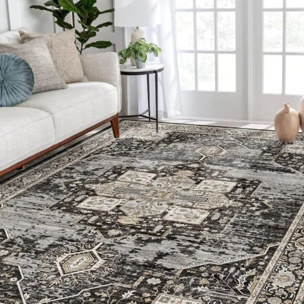 New 8x10 Black Vintage Rug, Washable Stain-Resistant Non-Slip Carpet for Home